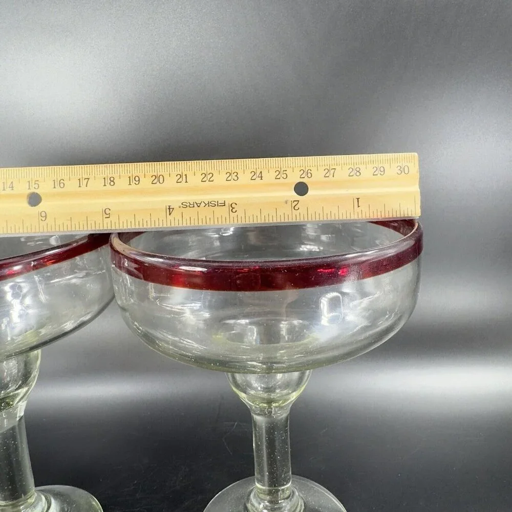 Hand Blown Clear Margarita Drinking Glasses Set 2 With Red Edges Hand Made Glass